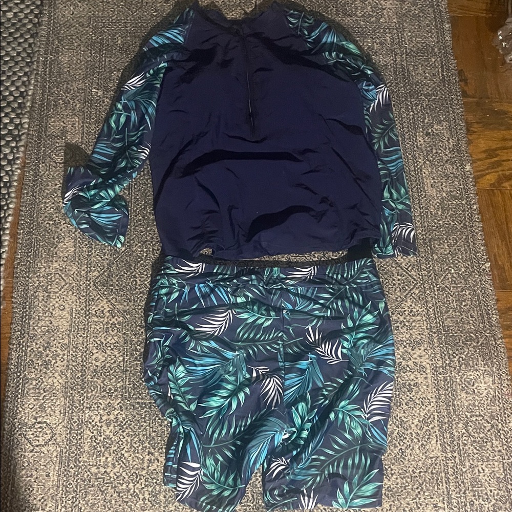 Navy Tropical Leaf Print Swim Coverup Set